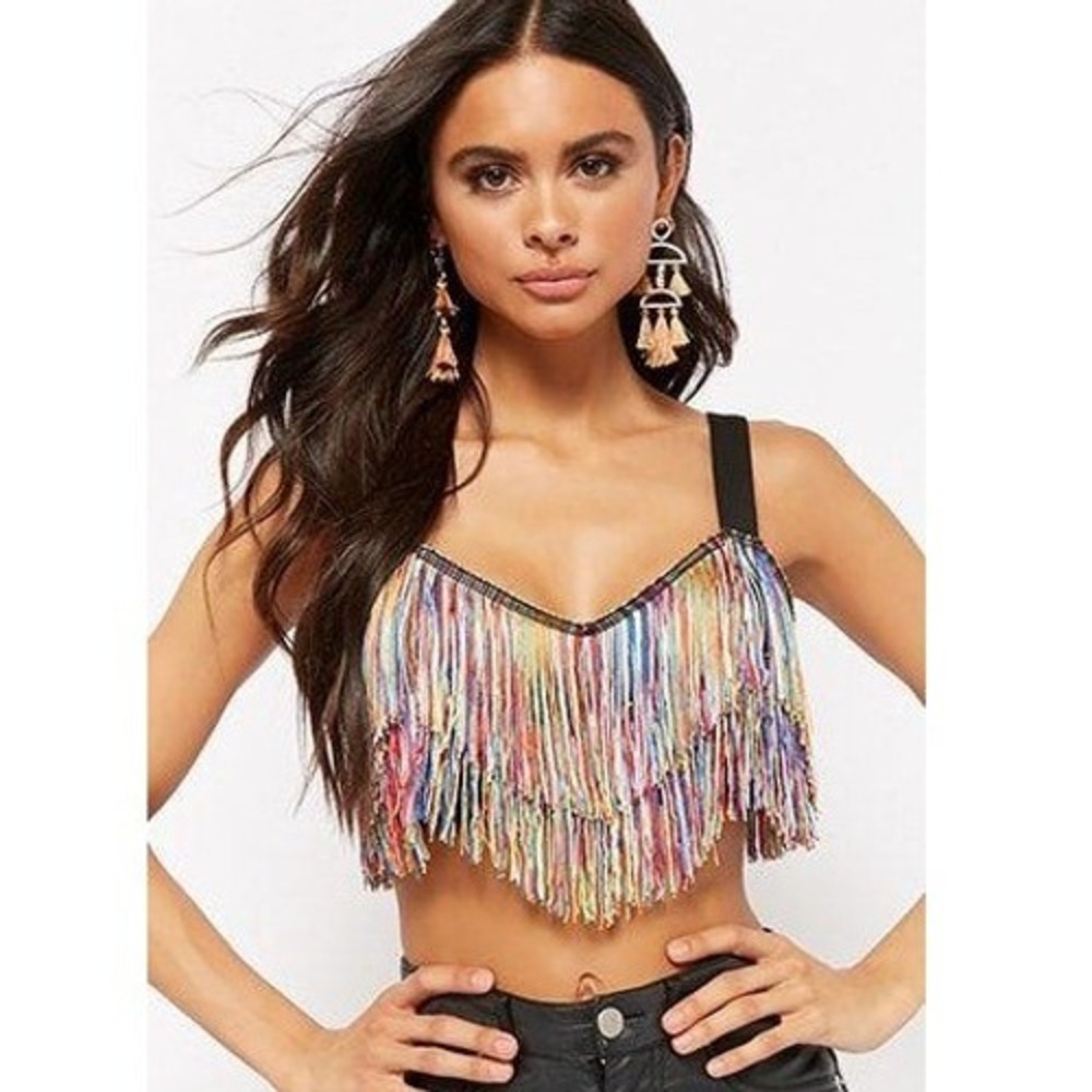 Rainbow Fringe‎ Party Crop Top Bralette Women Small Multicolored Festival Summer